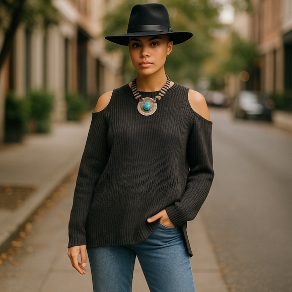 French Connection Cold-Shoulder Crewneck Knit Fall Sweater - Picture 1 of 5